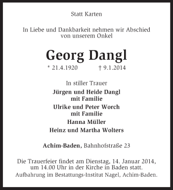 Traueranzeige von Georg Dangl von KRZ