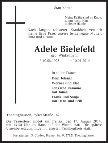 Traueranzeige von Adele Bielefeld von KRZ