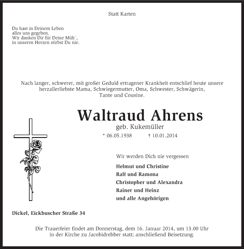  Traueranzeige für Waltraud Ahrens vom 13.01.2014 aus KRZ