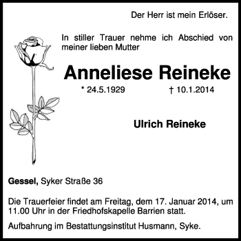 Traueranzeige von Anneliese Reineke von KRZ