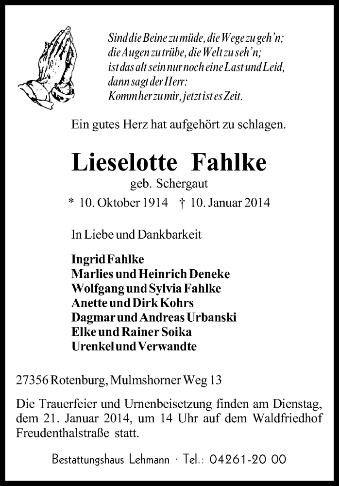  Traueranzeige für Lieselotte Fahlke vom 14.01.2014 aus KRZ