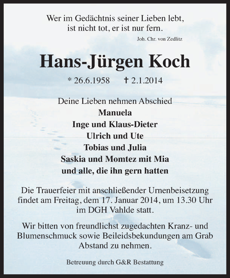  Traueranzeige für Hans-Jürgen Koch vom 14.01.2014 aus KRZ