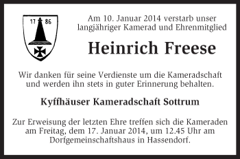 Traueranzeige von Heinrich Freese von KRZ