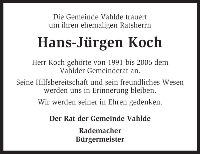  Traueranzeige für Hans-Jürgen Koch vom 14.01.2014 aus KRZ