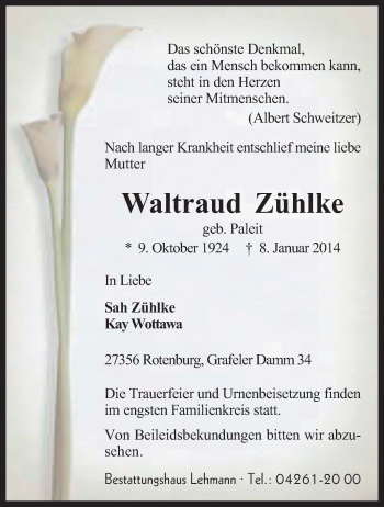 Traueranzeige von Waltraud Zühlke von KRZ