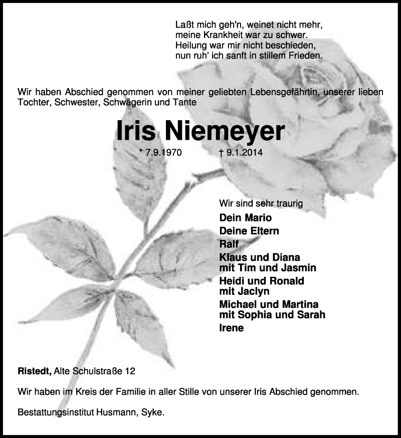  Traueranzeige für Iris Niemeyer vom 16.01.2014 aus KRZ