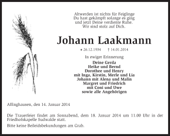 Traueranzeige von Johann Laakmann von KRZ