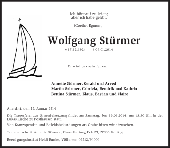 Traueranzeige von Wolfgang Stürmer von KRZ