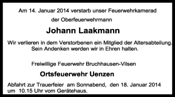 Traueranzeige von Johann Laakmann von KRZ