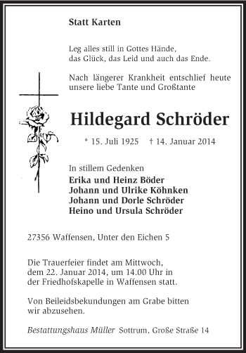 Traueranzeige von Hildegard Schröder von KRZ