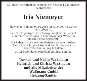 Traueranzeige von Iris Niemeyer von KRZ