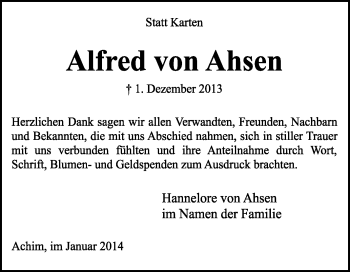 Traueranzeige von Alfred von Ahsen von KRZ