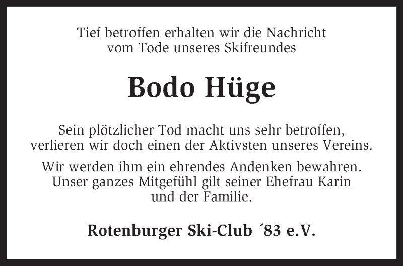  Traueranzeige für Bodo Hüge vom 18.01.2014 aus KRZ