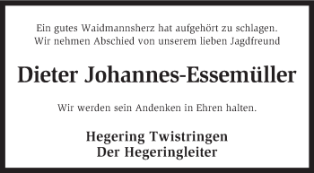 Traueranzeige von Dieter Johannes-Essemüller von KRZ