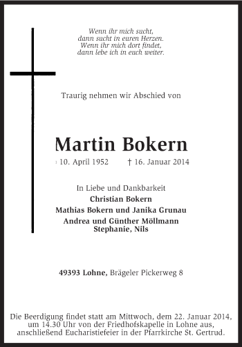 Traueranzeige von Martin Bokern von KRZ