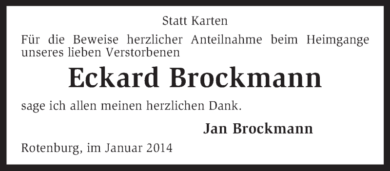  Traueranzeige für Eckard Brockmann vom 18.01.2014 aus KRZ