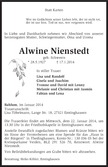 Traueranzeige von Alwine Nienstedt von KRZ