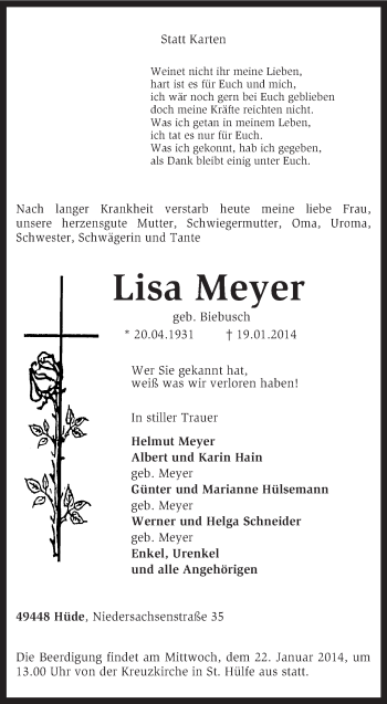 Traueranzeige von Lisa Meyer von KRZ