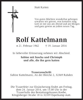 Traueranzeige von Rolf Kattelmann von KRZ