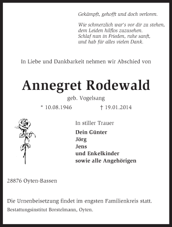 Traueranzeige von Annegret Rodewald von KRZ