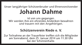 Traueranzeige von Johann Dahme von KRZ