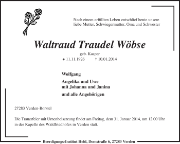 Traueranzeige von Waltraud Traudel Wöbse von KRZ