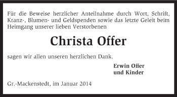 Traueranzeige von Christa Offer von KRZ