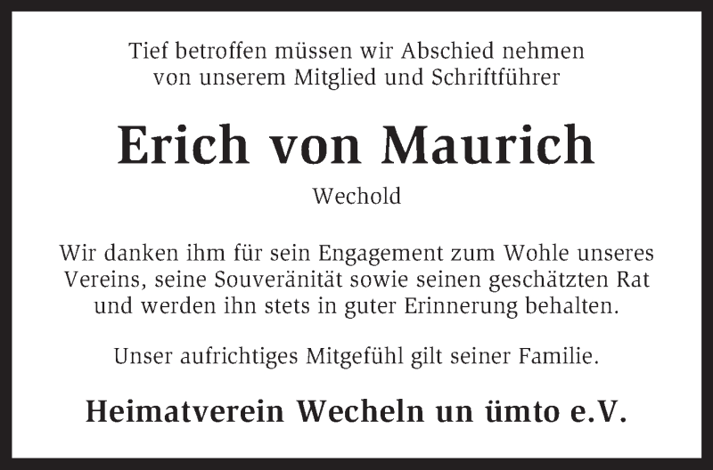  Traueranzeige für Erich von Maurich vom 31.01.2014 aus KRZ