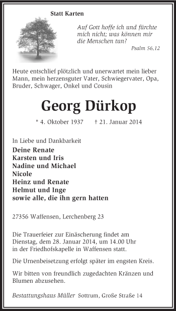 Traueranzeige von Georg Dürkop von KRZ