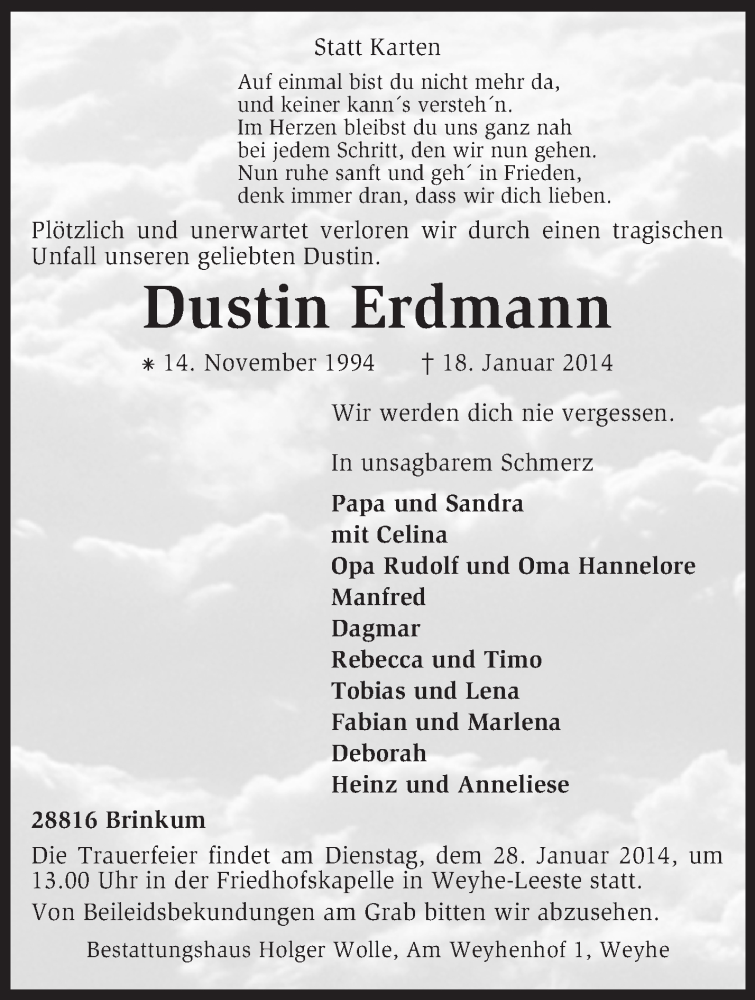  Traueranzeige für Dustin Erdmann vom 23.01.2014 aus KRZ