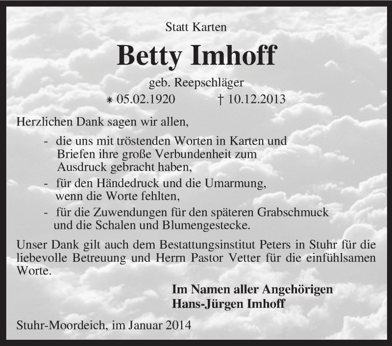  Traueranzeige für Betty Imhoff vom 25.01.2014 aus KRZ