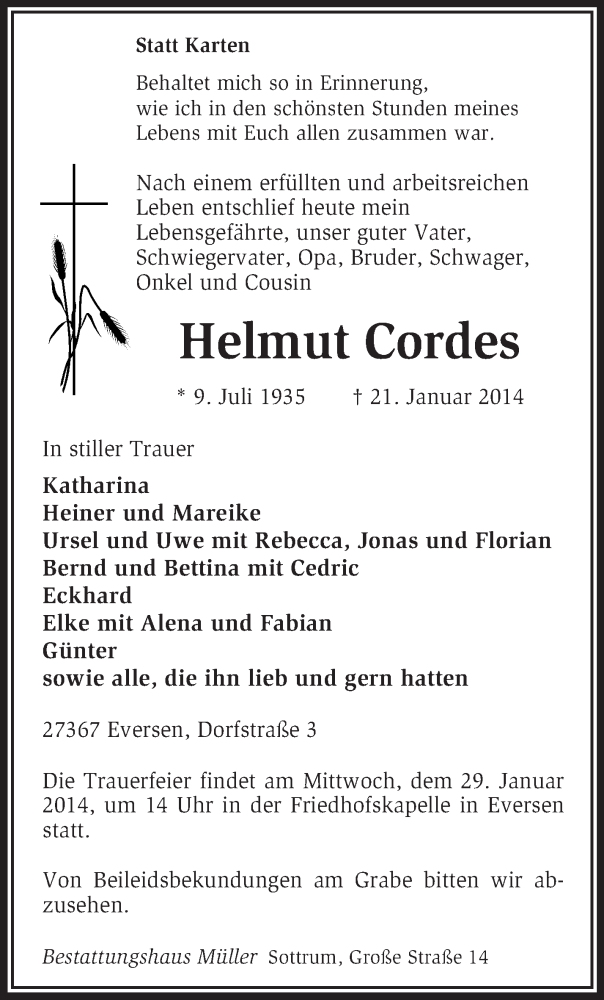  Traueranzeige für Helmut Cordes vom 24.01.2014 aus KRZ