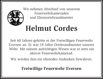 Traueranzeige von Helmut Cordes von KRZ