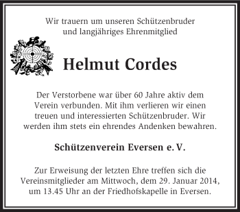 Traueranzeige von Helmut Cordes von KRZ