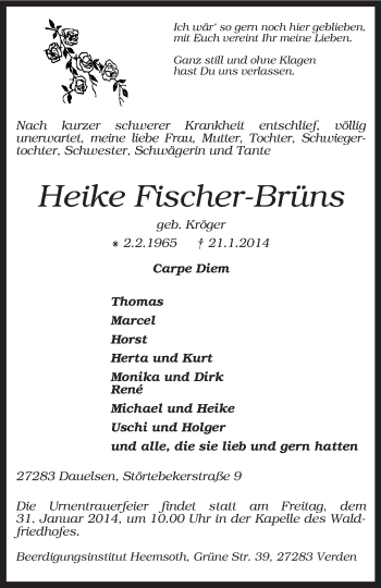 Traueranzeige von Heike Fischer-Brüns von KRZ