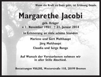 Traueranzeige von Margarethe Jacobi von KRZ