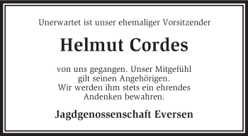 Traueranzeige von Helmut Cordes von KRZ