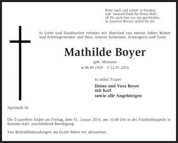 Traueranzeige von Mathilde Boyer von KRZ