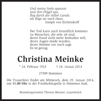 Traueranzeige von Christina Meinke von KRZ