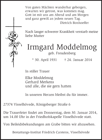 Traueranzeige von Irmgard Moddelmog von KRZ