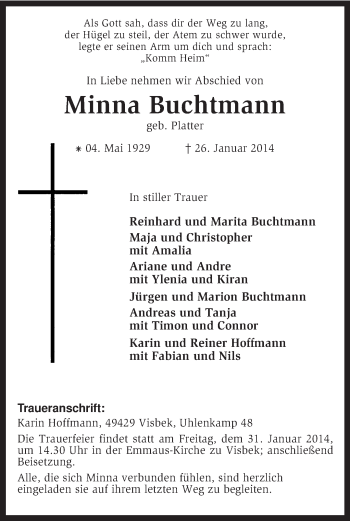 Traueranzeige von Minna Buchtmann von KRZ