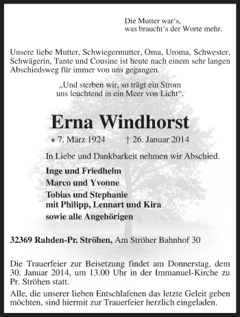 Traueranzeige von Erna Windhorst von KRZ