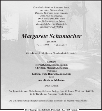 Traueranzeige von Margarete Schumacher von KRZ