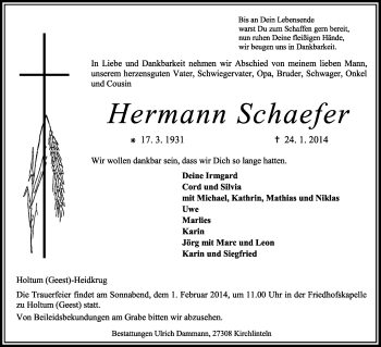 Traueranzeige von Hermann Schaefer von KRZ