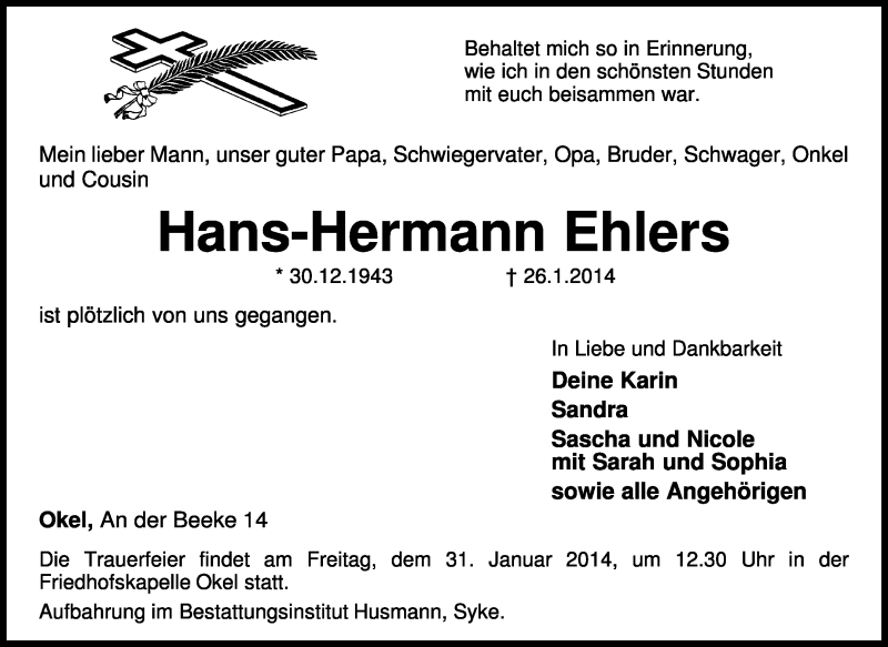  Traueranzeige für Hans-Hermann Ehlers vom 29.01.2014 aus KRZ