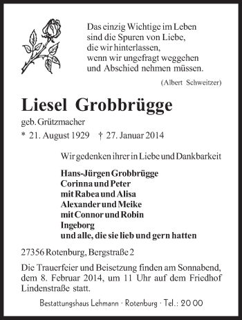 Traueranzeige von Liesel Grobbrügge von KRZ