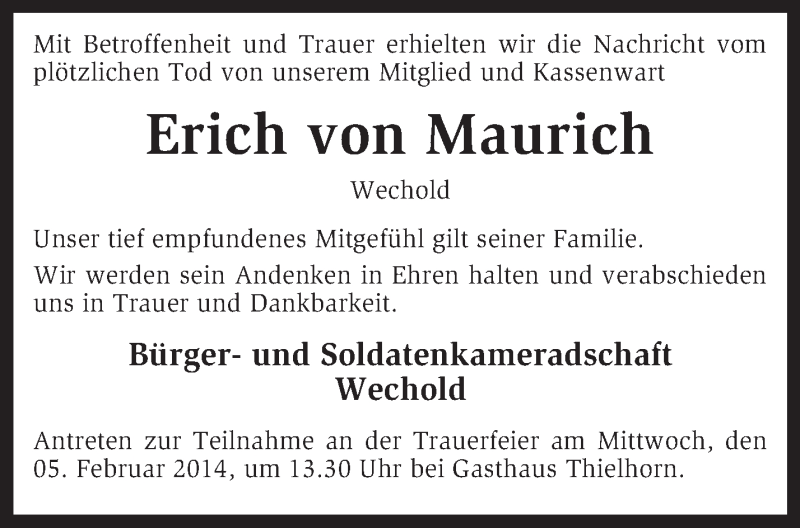  Traueranzeige für Erich von Maurich vom 31.01.2014 aus KRZ