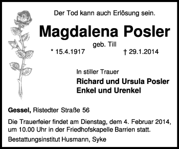 Traueranzeige von Magdalene Posler von KRZ