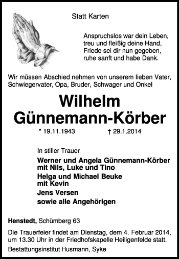 Traueranzeige von Wilhelm Günnemann-Körber von KRZ