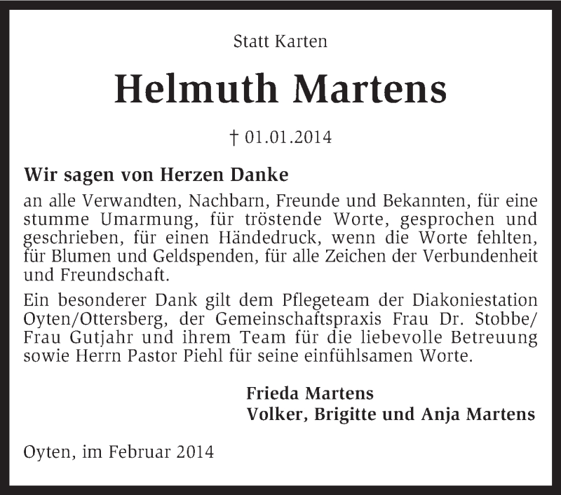  Traueranzeige für Helmuth Martens vom 01.02.2014 aus KRZ